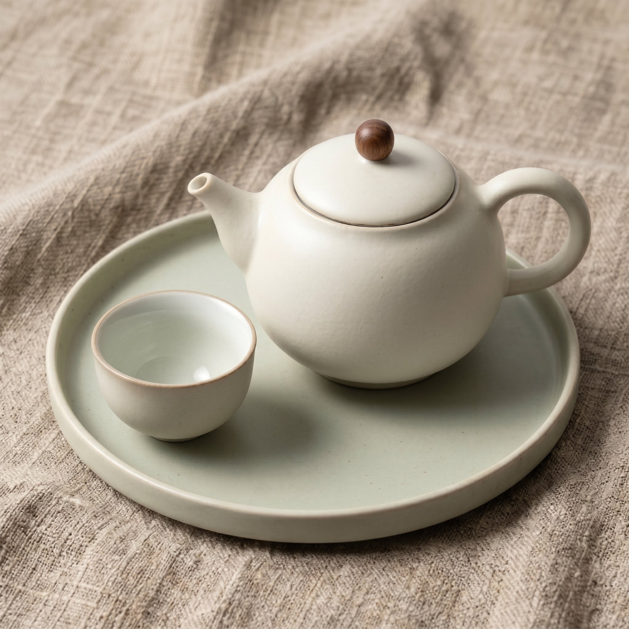 Matte Alabaster Wood-Accented Solo Tea Set