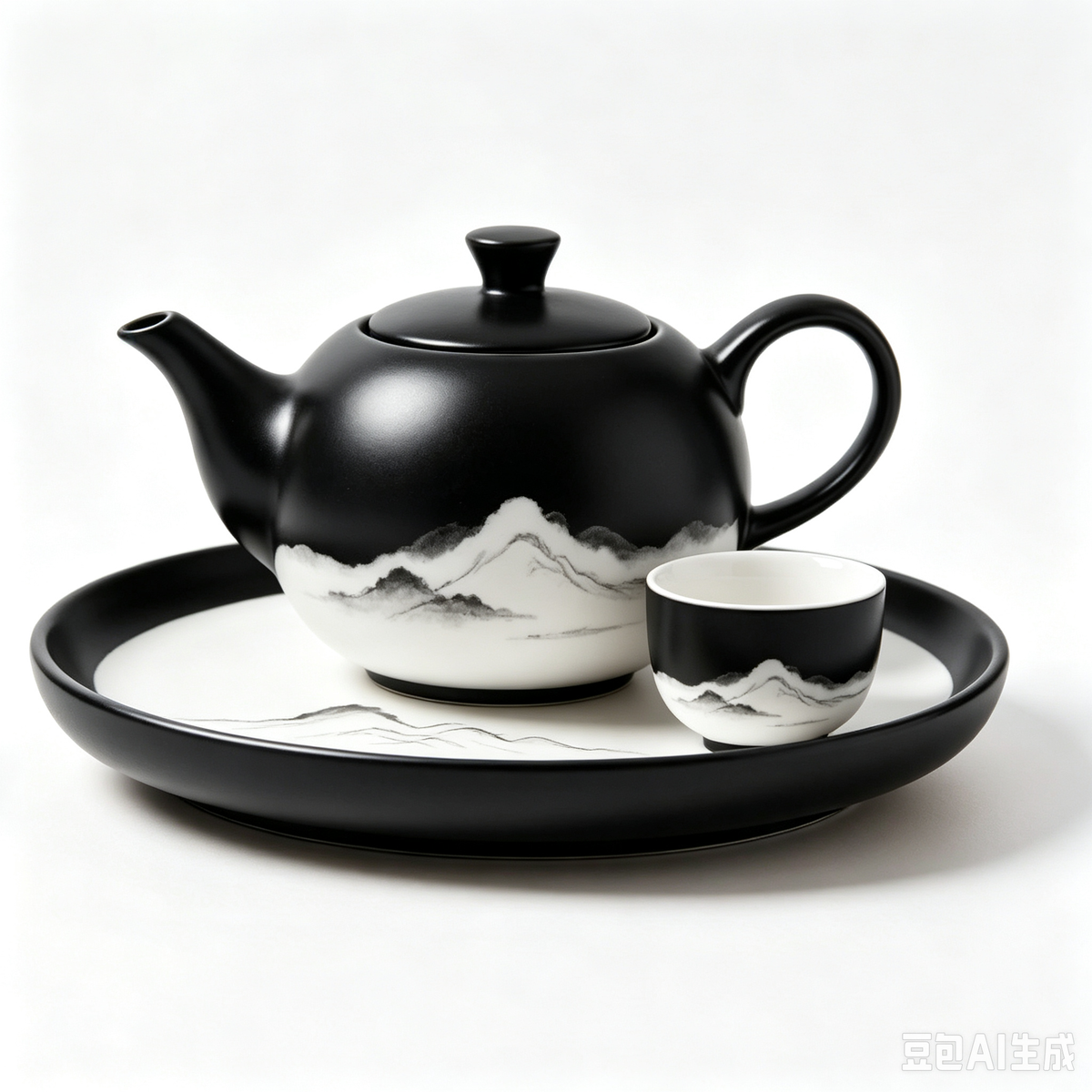 Obsidian Peak Ink-Wash Ceramic Tea Set