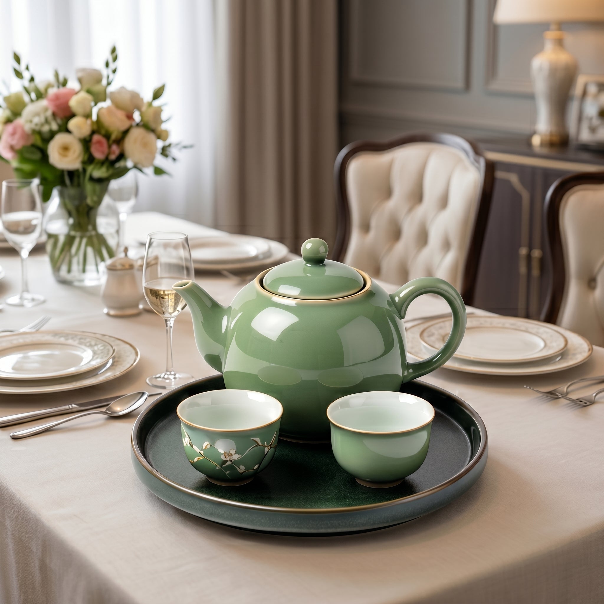 Sage Green Botanical Ceramic Tea Set