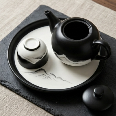 Obsidian Peak Ink-Wash Ceramic Tea Set